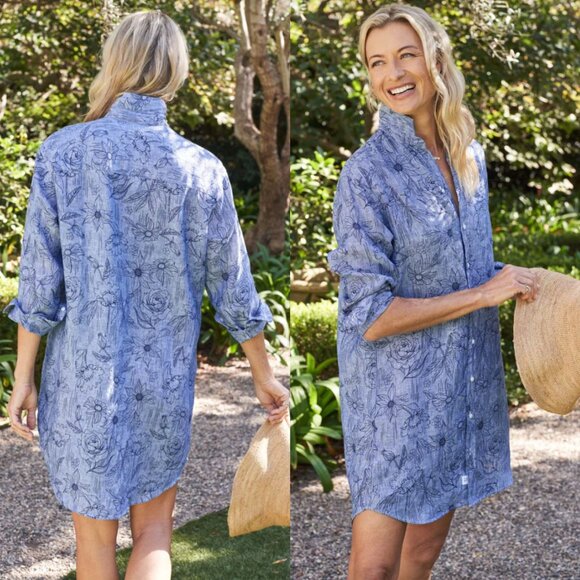 Frank & Eileen Mary Floral Blue Tropical Linen Shirt Mini Dress Size XS - Picture 1 of 8